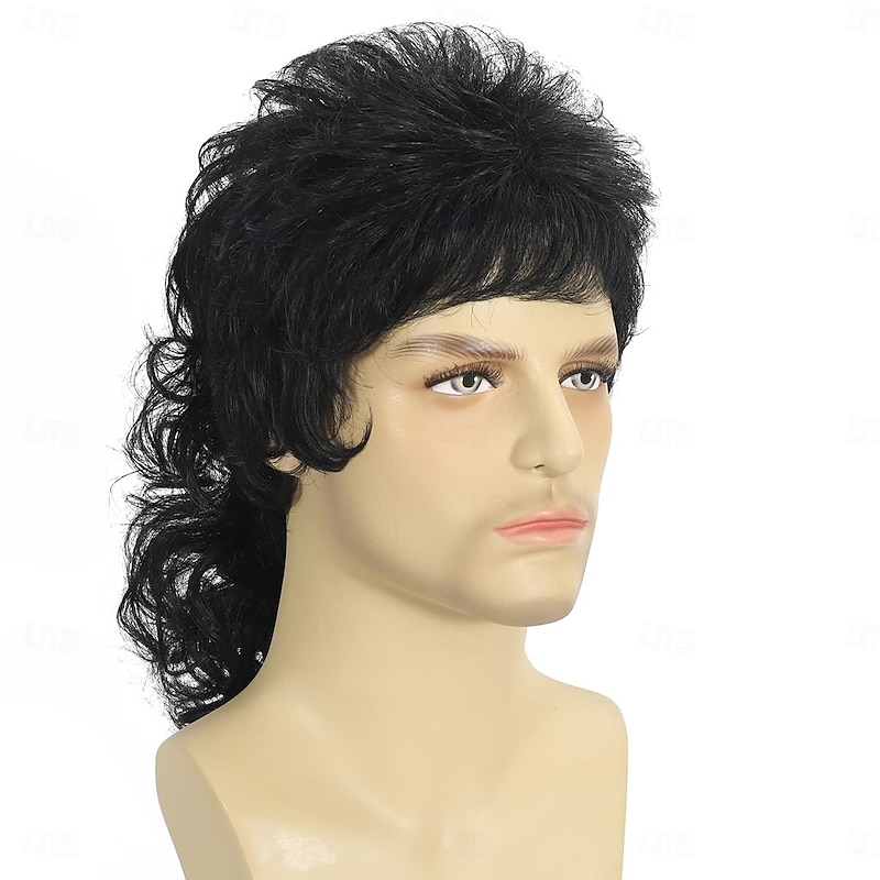 Mullet Wig Black Men Wigs 80s Curly Male Wig Halloween Costumes Punk Rocker Wig Long4