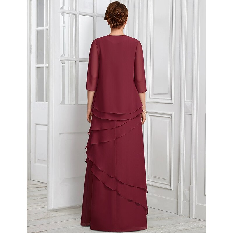 Two Piece A-Line Formal Suit Mother of the Bride Dress Elegant Sparkle & Shine Jewel Neck Floor Length Chiffon Half Sleeve with Buttons Appliques Flower3