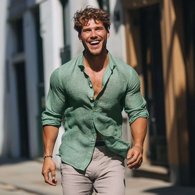 Men's Linen Shirt Summer Shirt Beach Wear Casual Shirt Button Up Shirt Plain Vacation Casual Black White Pink Green Long Sleeve Lapel Spring & Summer Clothing Apparel