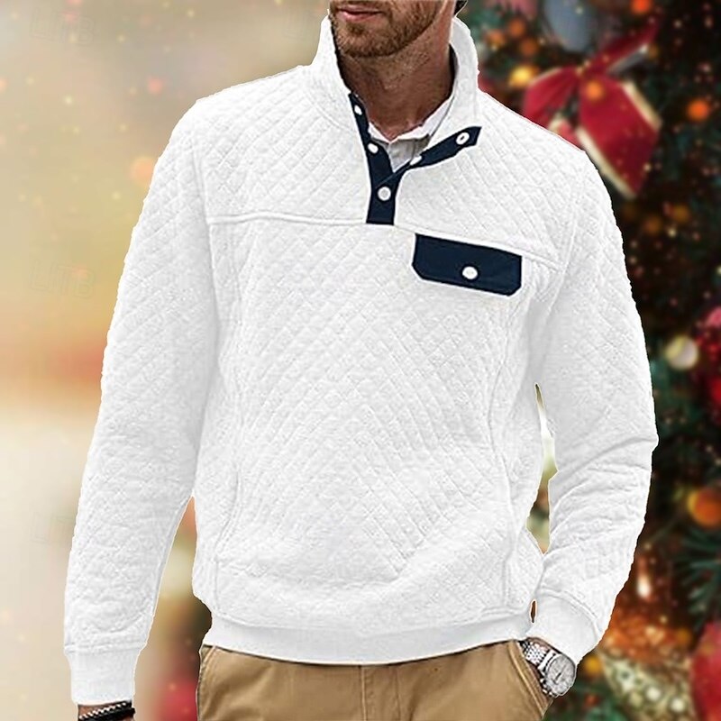 Men's Sweatshirt Black White Dark Green Light Grey Dark Gray Standing Collar Color Block Jacquard Patchwork Pocket Ribbed Sports & Outdoor Daily Holiday Polyester Textured Streetwear Basic Casual3