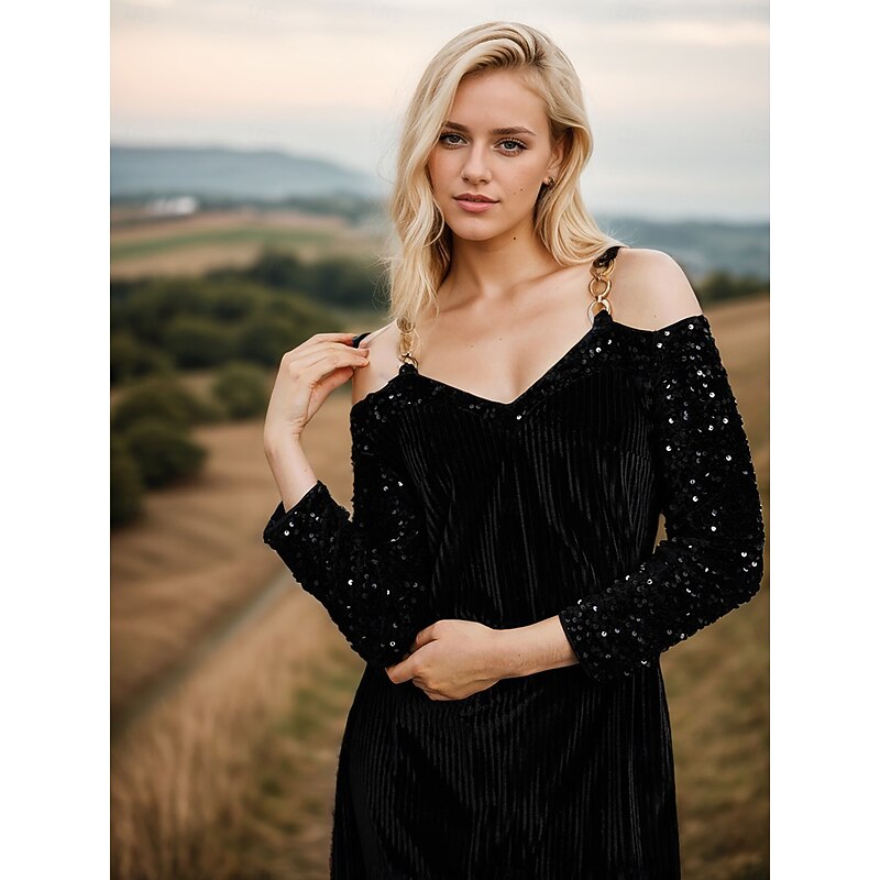 Velvet Cold Shoulder V Neck Midi Dress3