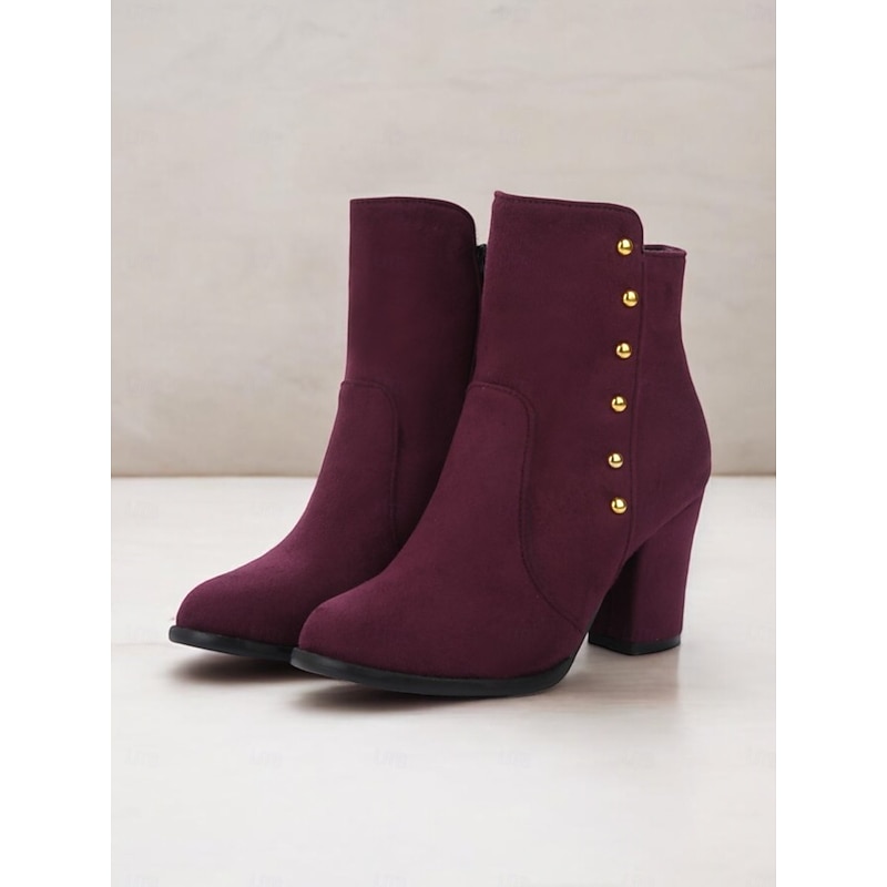 Women's Black Suede Ankle Boots with Faux Fur Lining and Gold Button Accents – Stylish Block Heel Boots for Winter Wear 9