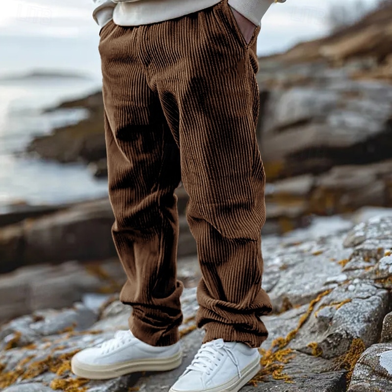 Men's Corduroy Pants Trousers Casual Pants Drawstring Elastic Waist Straight Leg Plain Comfort Warm Full Length Outdoor Casual Daily Sports Fashion Black Coffee3