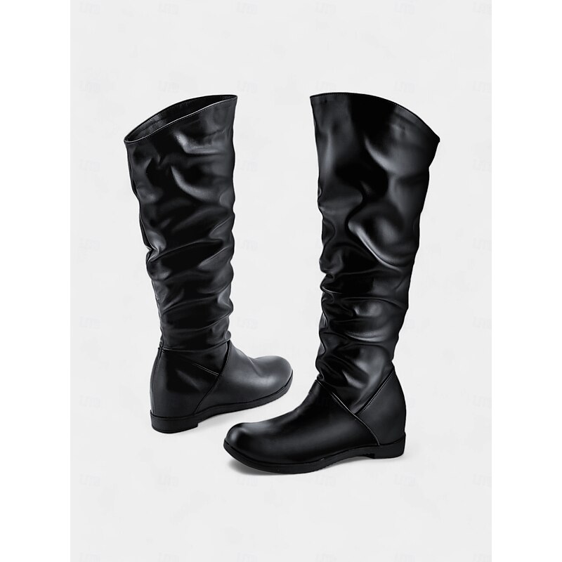 Women's Black Faux Leather Slouchy Knee-High Boots – Stylish and Comfortable Flat Boots for Everyday Wear and Casual Outings4