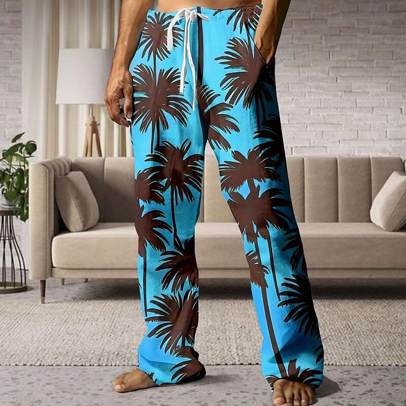 Men's Palm Tree Pants Trousers Mid Waist Drawstring Elastic Waist Hawaiian Casual Outdoor Holiday Beach Wear Straight Leg Trousers Summer Spring Fall 3D Print Yellow Pink Blue2