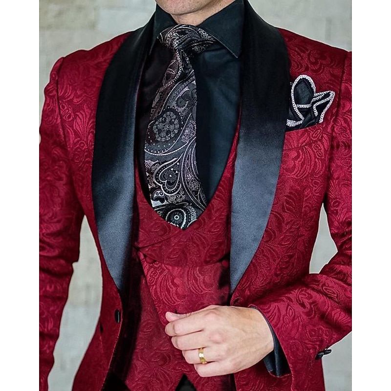 Men's Wedding Prom Suits Shawl Collar Black Burgundy Jacquard Floral Tailored Fit 3 Piece Single Breasted One-button