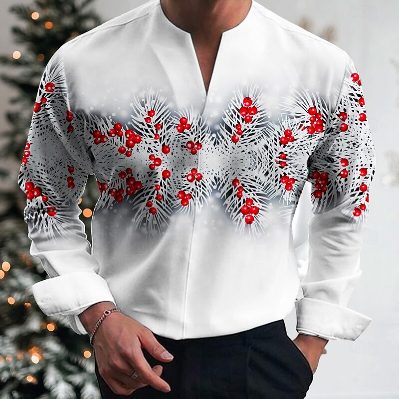Christmas Men's Christmas Pattern Shirt Long Sleeve Casual Party Daily Festival Summer Spring Fall V Neck Print White