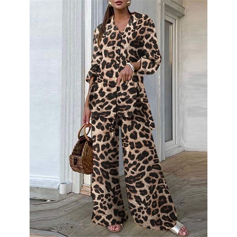 Women's Fashion Streetwear Daily Shirt Wide Leg Pants Long Sleeve Shirt Collar Leopard Print Casual Daily Brown Khaki Gray Fall Regular Fit2