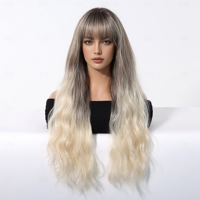 24 Inch Synthetic Wig Women's Wig Blonde Long Wavy Hair with bangs Fashion Daily Christmas Party Wigs2