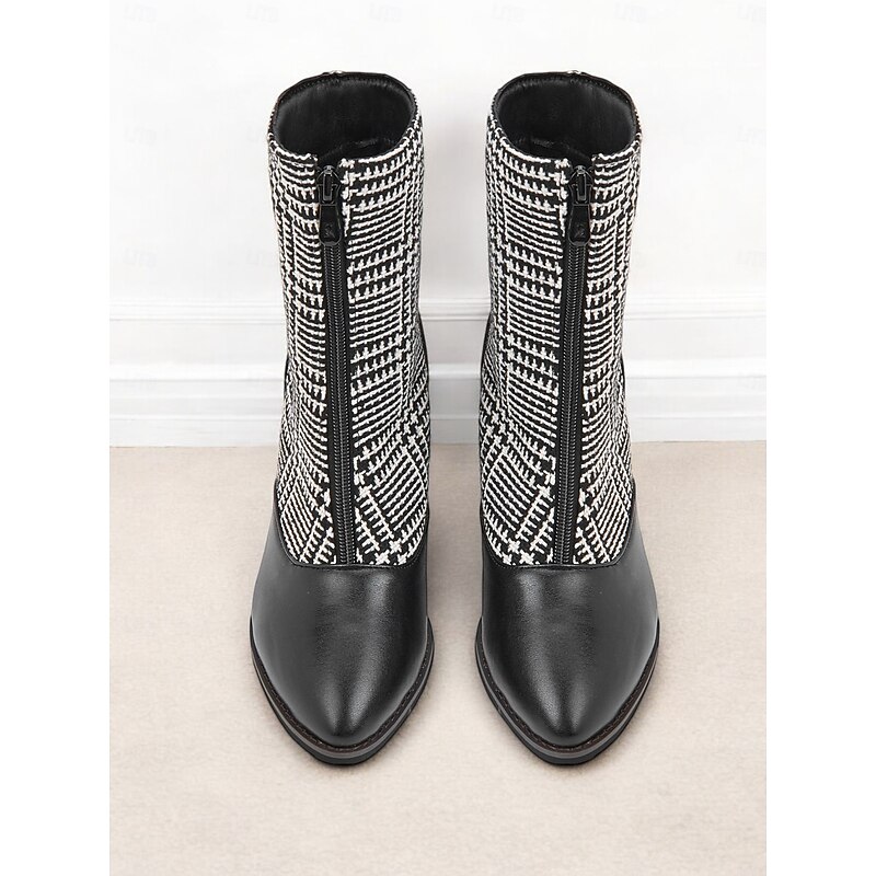Women's Black and White Plaid Ankle Boots with Block Heels - Retro Houndstooth Pattern, Side Zipper Closure, Perfect for Fall and Winter Casual Outfits4