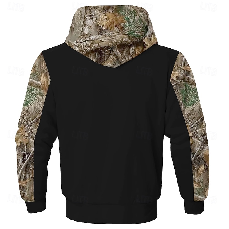 Men's Camo / Camouflage Deer Fleece Hoodies Fashion Ethnic Long Sleeve Hooded Party Hunting Black Brown Drawstring Fall Winter Designer2
