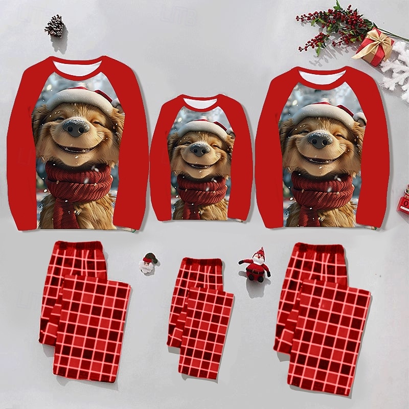 Puppy Family Christmas Pajamas Nightwear Men's Women's Boys' Girls' Family Matching Outfits Sweet Plaid Pattern Adults Kid's Christmas New Year Christmas Eve Christmas Vacation Home Wear Top Pants4
