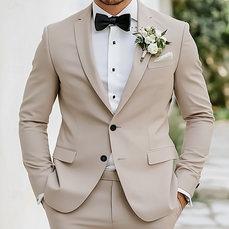 Men's Wedding Party Suits Notch Lapel Beige Fashion Business Solid Colored Standard Fit 2 Piece Single Breasted Two-buttons2