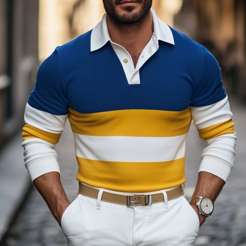 Men's Color Block Stripes Rugby Polo Shirts Long Sleeve Polo Shirts Lapel Classic Fashion 3D Print Modern Casual Sports Stripe Fall Winter Blue Green4