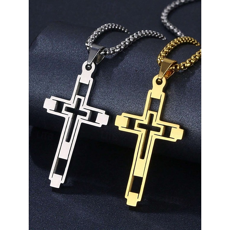 Men's Dual-Tone Stainless Steel Cross Pendant Necklace – Silver and Gold Finish, Modern Religious Jewelry