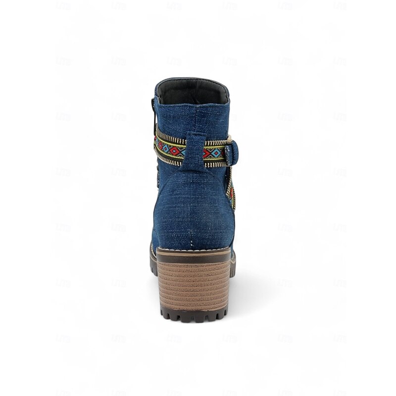 Women's Denim Ankle Boots – Boho Style with Embroidered Straps and Chunky Heel, Perfect for Casual and Festival Looks3