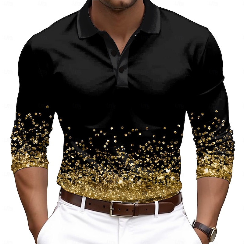 Men's Jeweled 3D Digital Print Polo Shirts Golf Shirt Long Sleeve Polo Shirts Collared Shirts Casual Outdoor Party Evening Wear Dailywear Buttons 3D Print Spring Fall Winter Golden yellow Red Blue4