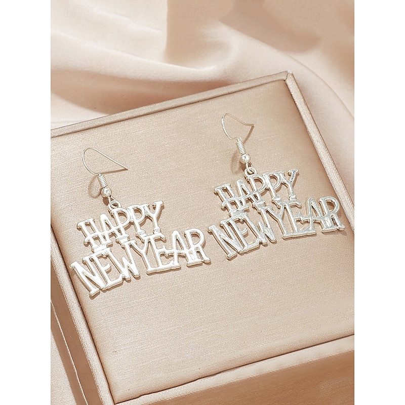 Women's Elegant Alloy Earrings with Happy New Year Lettering - Perfect for New Year's Eve Parties4
