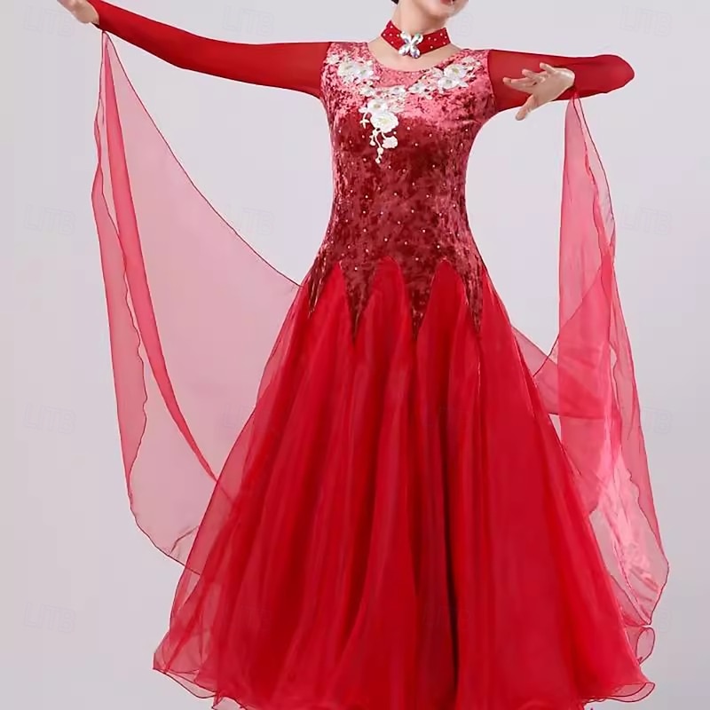 Ballroom Dance Dress Splicing Crystals / Rhinestones Women's Performance Party Long Sleeve Organza Velvet4