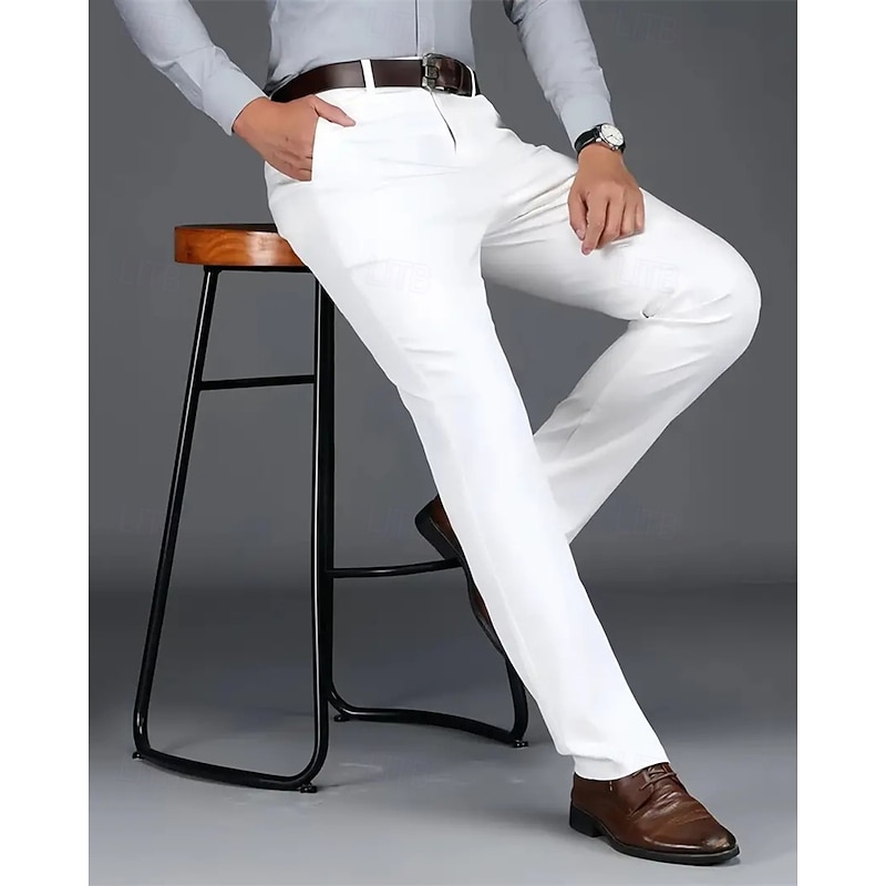Men's Dress Pants Trousers Chinos Buttons Pocket Solid Colored Comfort Formal Party Work Fashion Classic Style Black White Micro-elastic2