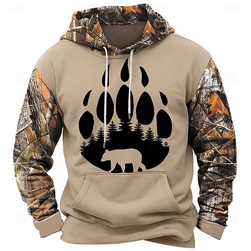 Men's Footprint / Paw Hoodies Fashion Cool Long Sleeve Crew Neck Holiday Going out Streetwear Light Brown Brown Drawstring Fall Winter Designer4