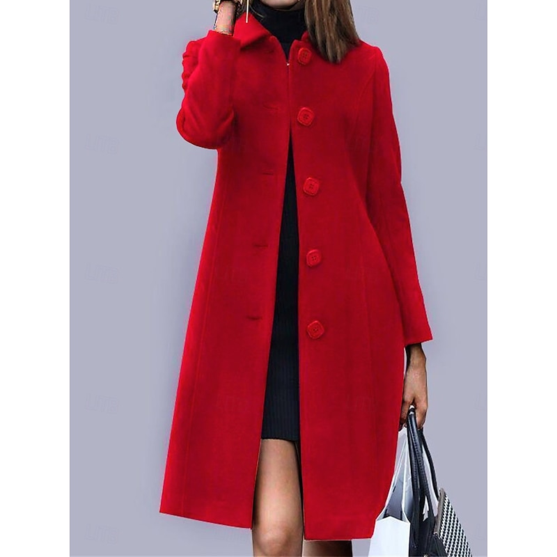 Women's Coat Outdoor Office / Career Fall Winter Long Coat Regular Fit Windproof Warm Comtemporary Stylish Lady Jacket Long Sleeve Plain with Pockets Black Red Royal Blue