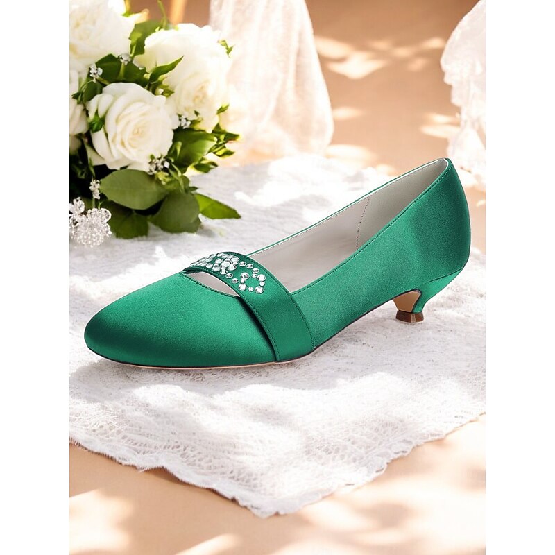 Women's Blue Satin Kitten Heels with Rhinestone Embellishment – Elegant Bridal Shoes for Weddings and Formal Occasions