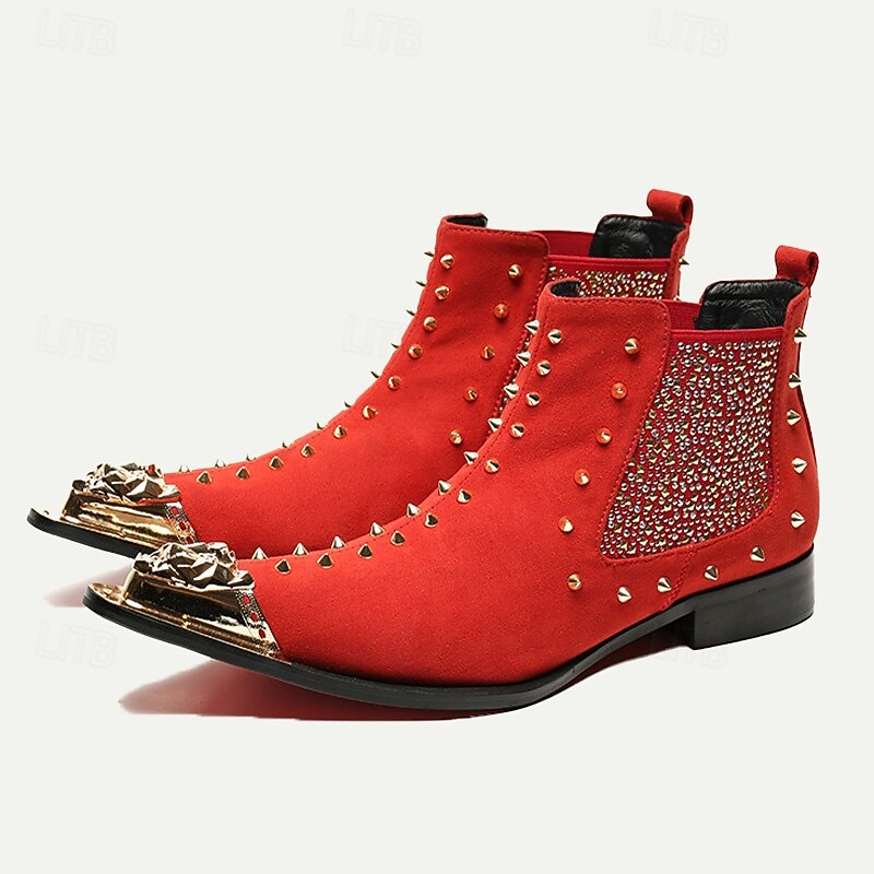 Men's Red Studded Leather Ankle Boots with Metallic Cap Toe and Sparkling Side Panels – Premium Cowhide Statement Footwear for Punk & Fashion-Forward Styles2