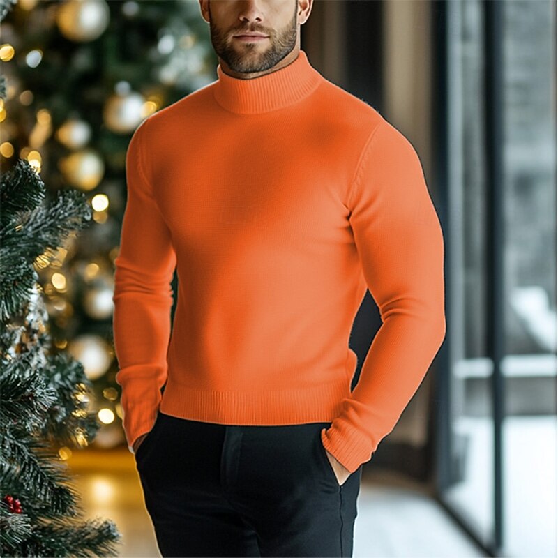 Men's Pullover Sweater Jumper Knit Sweater Ribbed Knit Regular Knitted Plain Turtleneck Fashion Casual Daily Wear Date Clothing Apparel Fall & Winter Black White S M L2