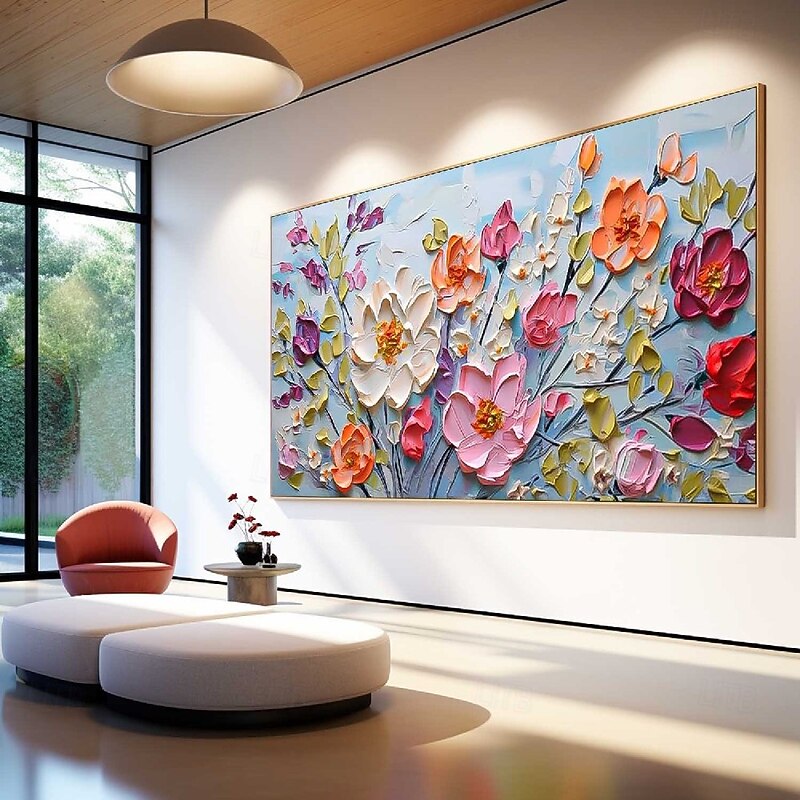 Handmade Hand Painted floral Oil Painting Wall Purole Flower Landscape Painting Home Decoration 3D Original Spiritual Flower Painting Wide Abstract White Floral Textured Wall Art Living Room Artwork3