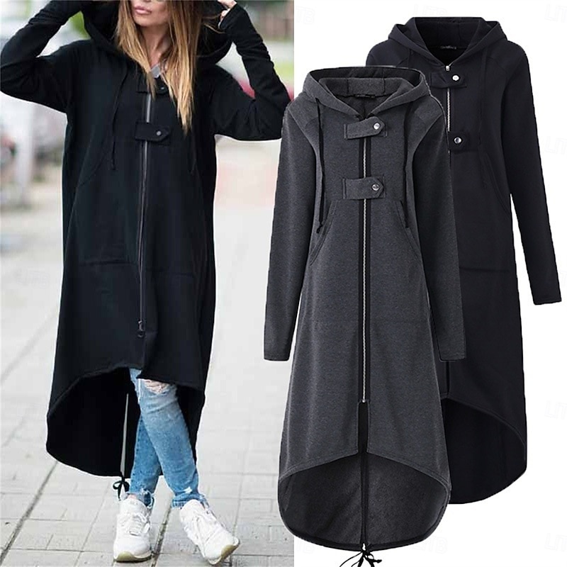 Women's Casual Long Sleeve Hoodie Long Tops Street Dailywear Zipper Pocket Black Gray Fall Winter