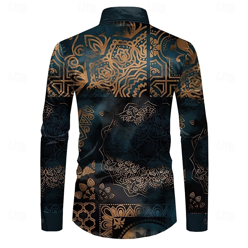 Men's Floral Button Up Shirt Designer Shirt Long Sleeve Fashion Casual Vacation Party / Evening Spring Fall Turndown Button Up Dark Green3