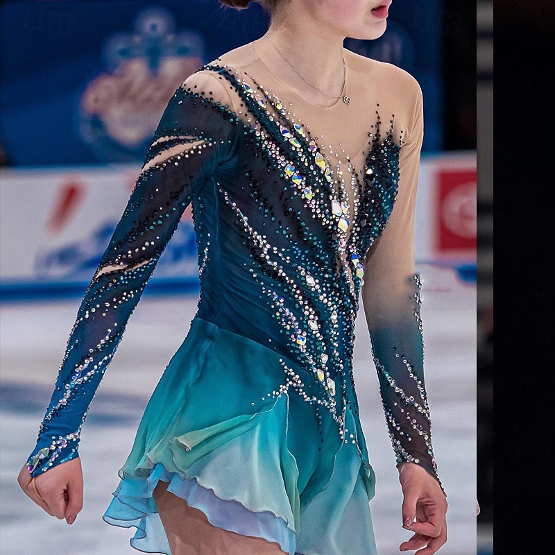 Figure Skating Dress Women's Girls' Ice Skating Dress Blue and Navy Patchwork Thumbhole Mesh Spandex Stretchy Training Practice Professional Skating Wear Thermal Warm Crystal / Rhinestone Long Sleeve