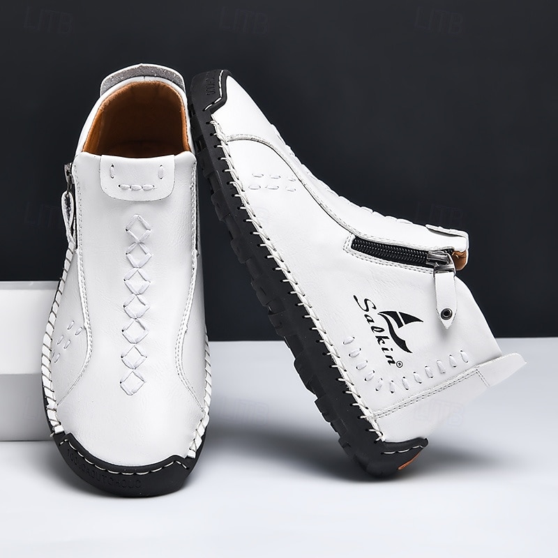 Men's White Faux Leather Casual Ankle Boots with Zipper and Hand-Stitched Sole | Stylish and Comfortable Outdoor Footwear3