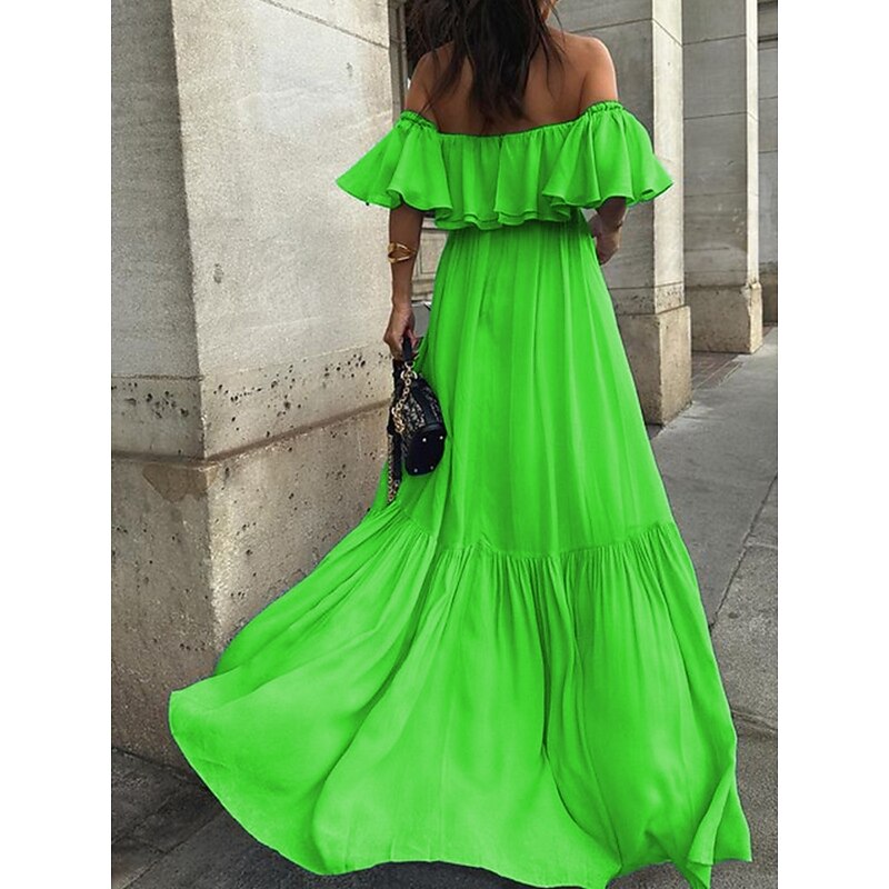 Women's Casual Dress Maxi Dress Ruffle Backless Casual Off Shoulder Short Sleeve Blue Fuchsia Green Color3