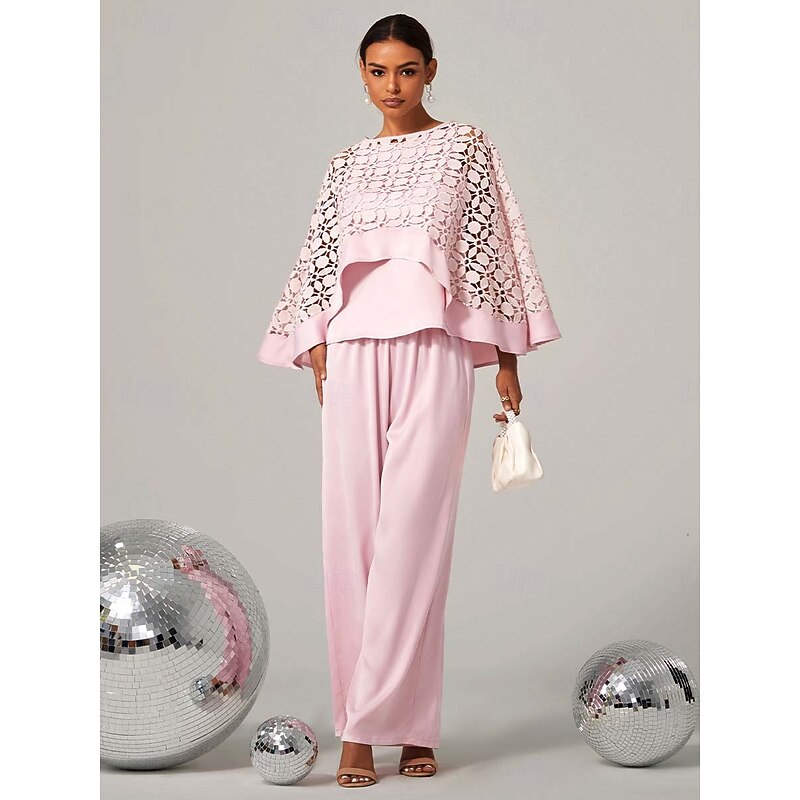 Women's Two-Piece Set Cape Top Cutouts High Waist Wide-Leg Trousers Light Pink Elegant Party Formal Spring Summer Outfit S M L XL XXL 6