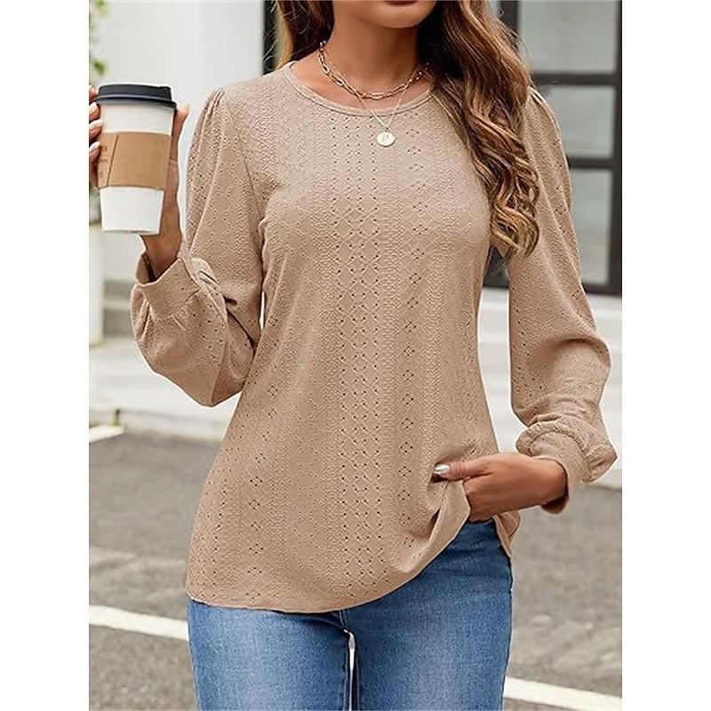 Women's Shirt Blouse Solid Color Basic Casual Long Sleeve Crew Neck Regular Tops Daily Eyelet Pink Green Khaki Fall Winter2