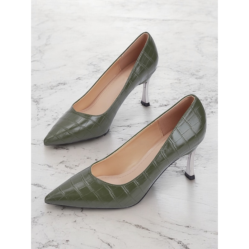 Women's Green Crocodile Embossed Faux Leather Pumps with Stiletto Heel and Pointed Toe - Elegant and Versatile for Work or Night Out