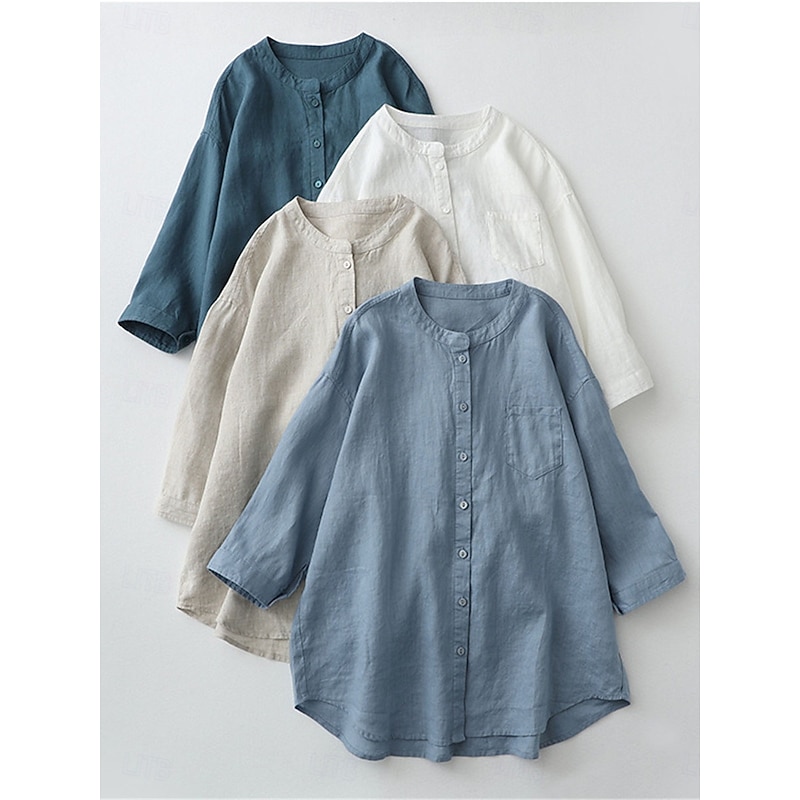 Women's Shirt Cotton Linen Shirts Button Up Blouse Solid Color Basic Casual 3/4 Length Sleeve Turtleneck Regular Tops Daily Buttons White Beige Light Blue Fall Winter