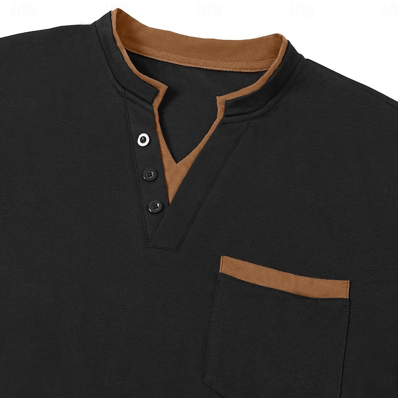 Men's V Neck Tee Tee Top Long Sleeve Shirt Long Sleeve Patchwork Daily Casual Street Style Fashion Fake two piece V Neck Outdoor Street Causal Summer Black White Navy Blue Henley T-Shirt2