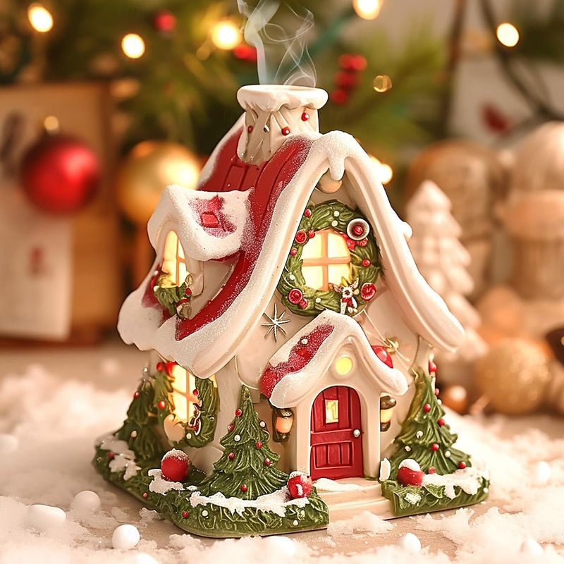 Christmas Cottage Incense Burner Resin Night Light for Christmas Holiday Home Decor, Festive Indoor Christmas Cottage Decoration