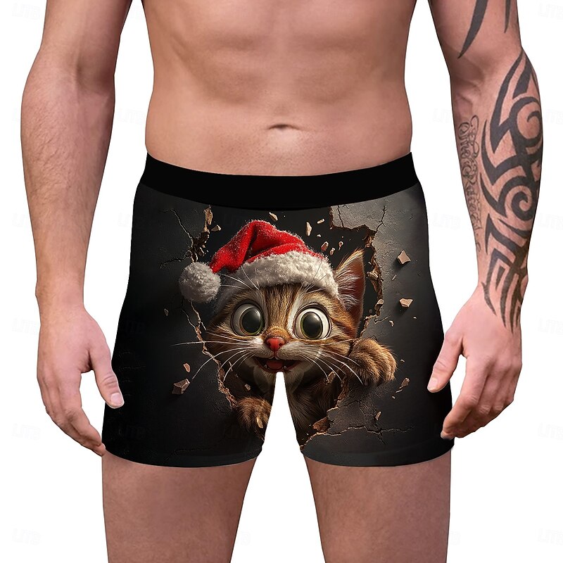 Cat Christmas Trees Christmas Pajamas Boxer Briefs Underwear Christmas Gift Men's Funny Christmas Pattern Adults Christmas New Year Christmas Eve Christmas Party3