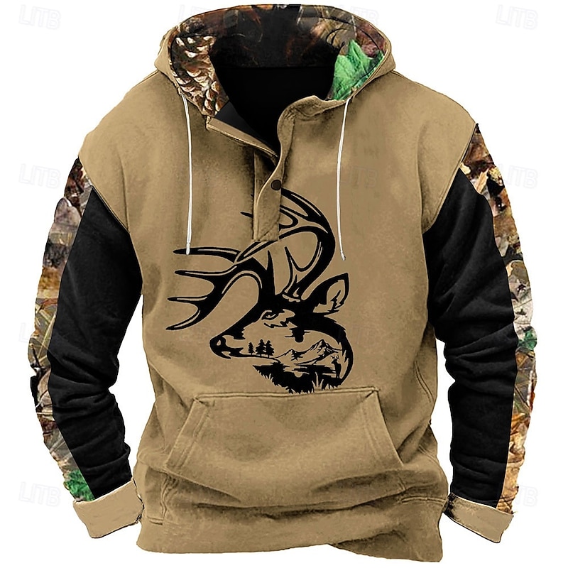 Men's Camo / Camouflage Deer Hoodie Sweatshirt Cowboy Casual Long Sleeve Hooded Sports Outdoor Hunting Black Brown Pocket 3D Print Fall Winter Designer
