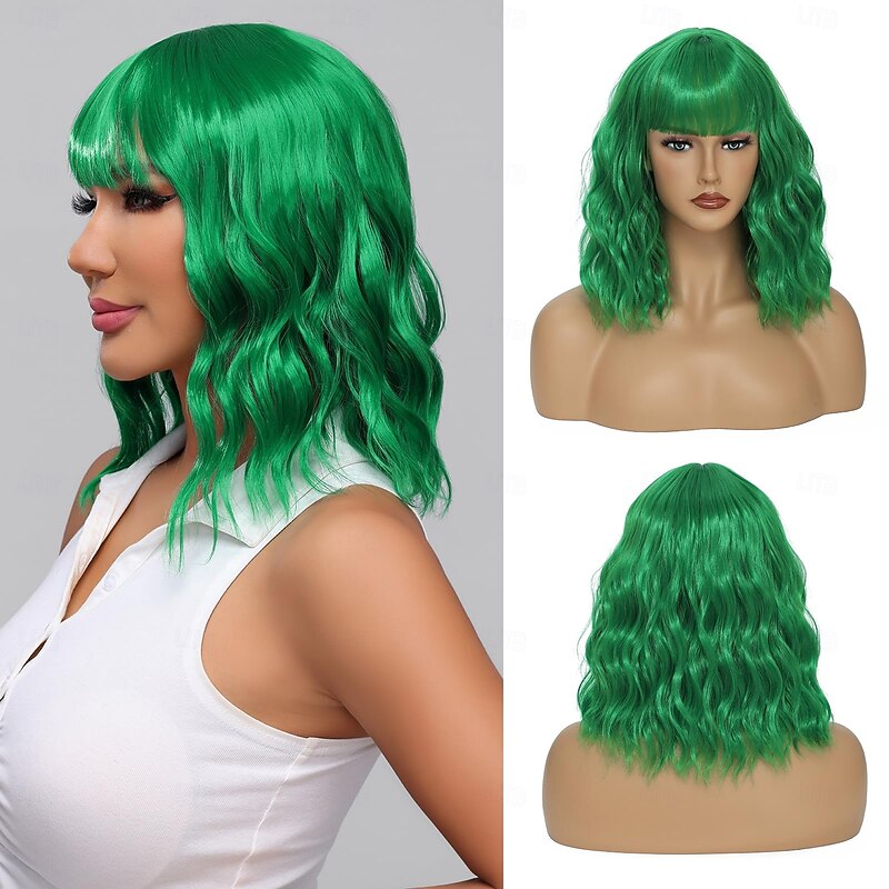 Short Wavy Wig with Bangs for Women Curly Bob Synthetic Wigs for Daily Use Costume Cosplay St.Patrick's Day Wigs