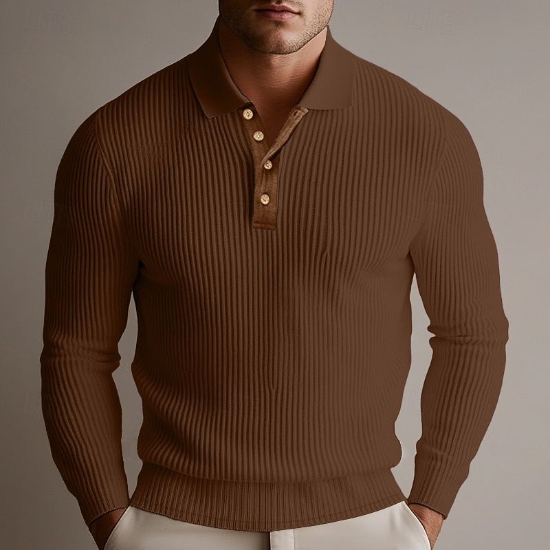 Men's Rib Knit Top Muscle Shirt Formal Work Ribbed Polo Collar Long Sleeve Warm Basic Solid Color Buttons Spring Fall Slim Fit Dark Brown Wine Rib Knit Top4
