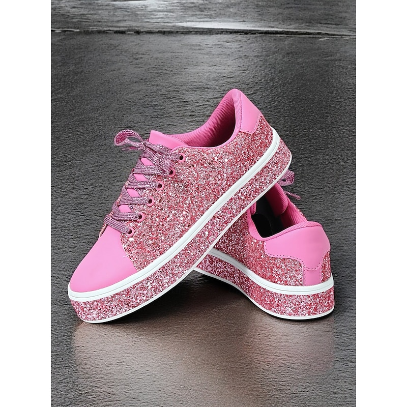 Women's Pink Glitter Lace-Up Sneakers with Comfortable Sole - Stylish Casual Shoes for Parties and Everyday Wear 7
