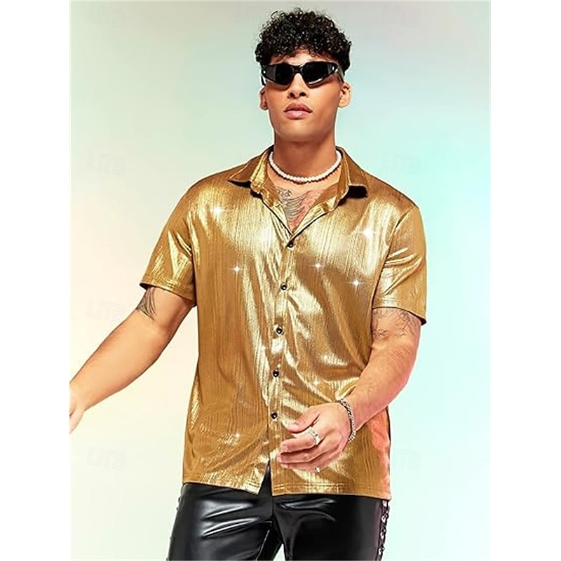 Retro Vintage 1970s 1980s Shirt Disco Shiny Metallic Fancy Dress Men's Carnival Costume Christmas Halloween Carnival Club Theme Party Pride Parade Adults' Shirt