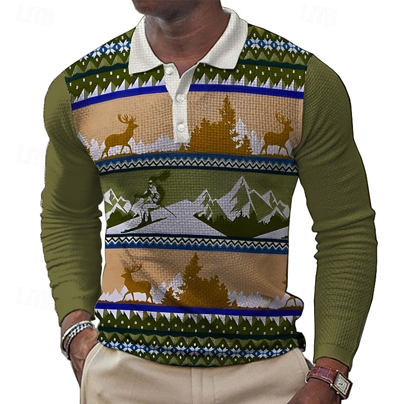 Men's Ski Deer Waffle Polo Shirts Golf Shirt Long Sleeve Polo Shirts Collared Shirts Vintage Casual Outdoor Dailywear Holiday Buttons 3D Print Spring Fall Winter Blue Brown Army Green2