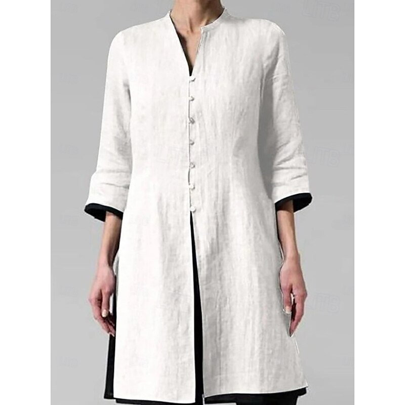 Women's Shirt Linen-Inspired Shirts Button Up Vintage 3/4 Length Sleeve V Neck White Red Gray Spring &  Fall3