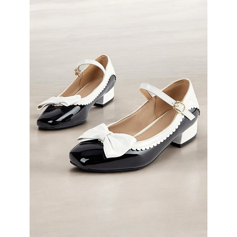 Women's Black and White Patent Mary Jane Shoes with Bow Detail – Scalloped Edges and Block Heel for Formal Occasions3